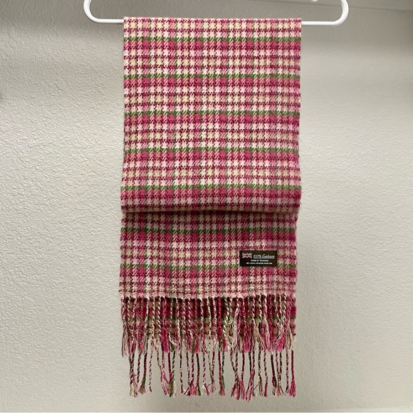 100% Cashmere Scarf Made In Scotland Pink,Green,White Plaid / Houndstooth Print - Picture 3 of 4
